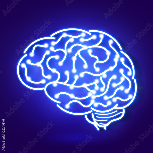 Vector illustration of human brain. Neon sign on blue background.