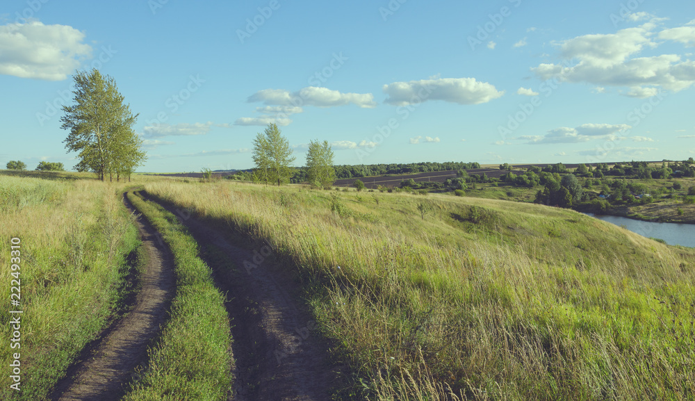 Sunny summer landscape with ground country road passing through the fields and green meadows.