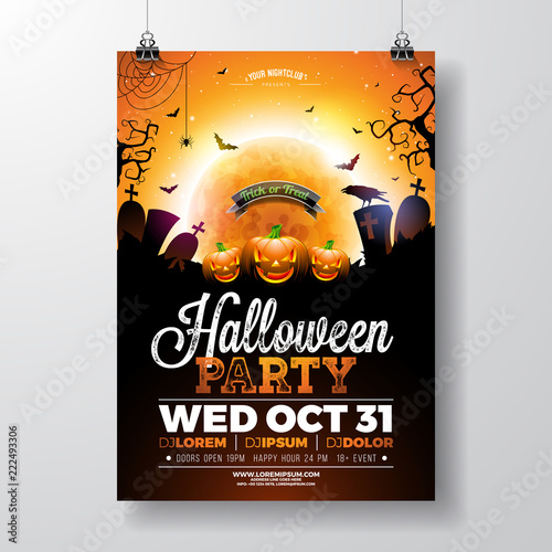 Halloween Party flyer vector illustration with scary faced pumpkin on mysterious moon background. Holiday design template with crow, spiders, cemetery and flying bats for party invitation, greeting