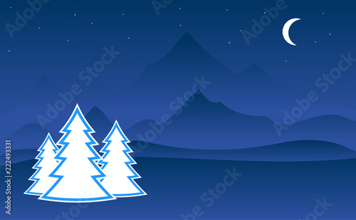 Winter landscape illustration. Snow on trees in mountain nature. The moon with stars in the background. Can be used as christmas holiday greeting card.
