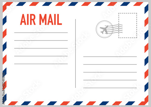 Air mail envelope with postal stamp isolated on white background.