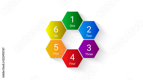 Hexagon infographic vector illustration. Colorful diagram for bussines reports. Simple clean design for marketing. Color hexagon with numbers, rainbow style. EPS10 vector.