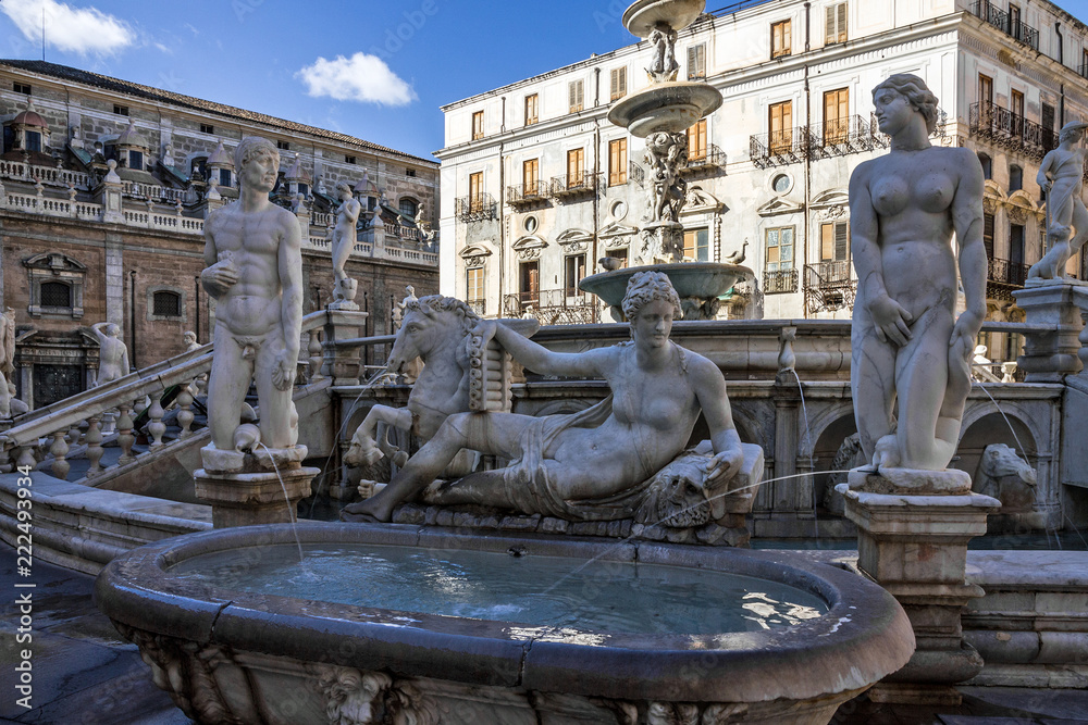 Palermo Fontana Pretoria, Sicily, Italy. Historical buildings, landmarks, Piazza Pretoria