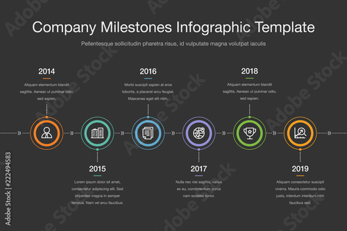 Infographic for company milestones timeline template with colorful circles and icons, isolated on dark background. Easy to use for your website or presentation.