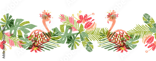 Tropical flower and flamingo, hand drawn tropic header or border line, vector illustration isolated on white background. Floral jungle bouquet, exotic plant leaf and bird, doodle style photo