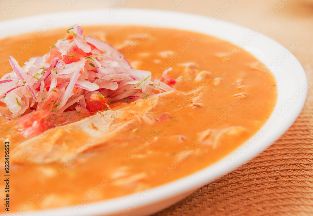 Close up of delicious encebollado fish stew from Ecuador traditional food national dish Close up of delicious encebollado fish stew from Ecuador traditional food national dish