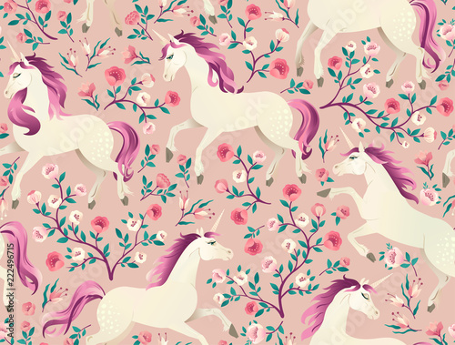 Hand drawn vintage Unicorn in magic forest seamless pattern. Vector illustration in Victorian style.