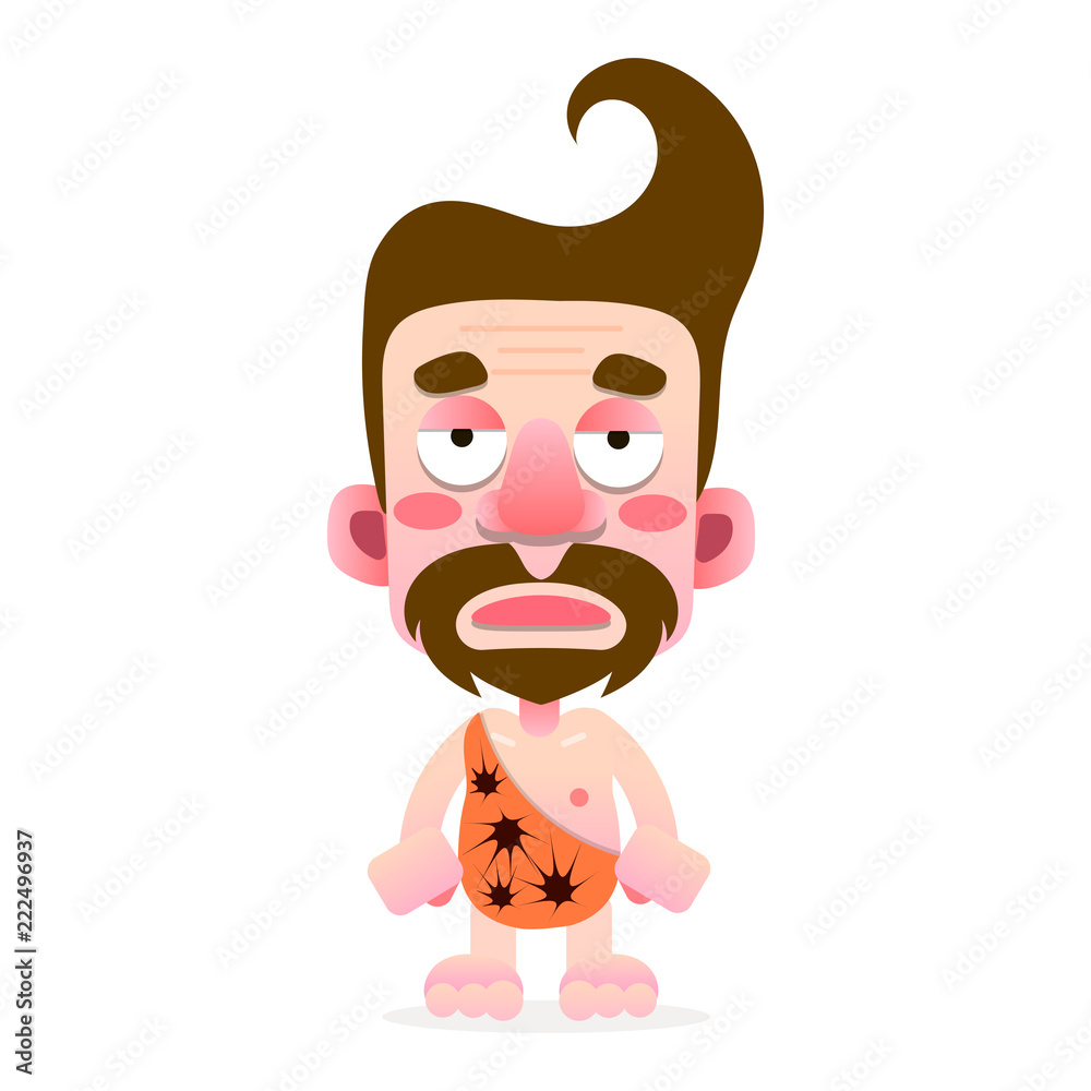 Cartoon cave-man in animal skin vector illustration on white background