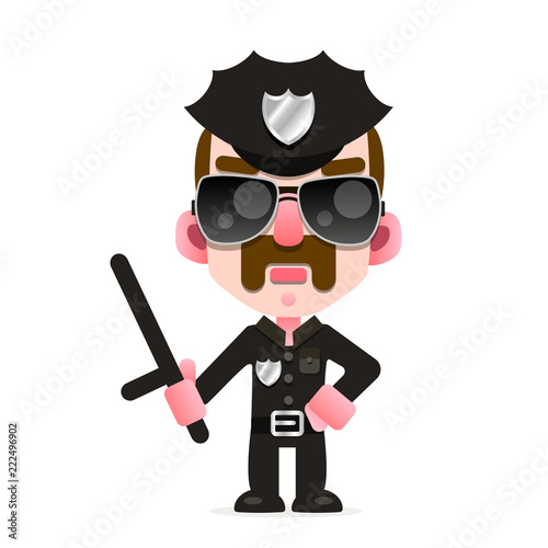 A police officer in an American Police uniform with a baton , and sunglasses