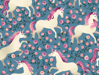 Fototapete Einhornmuster Einhörner im Märchenwald Musterdesign  © Angelina Bambina