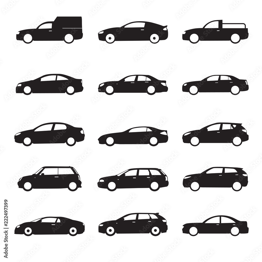Set of black shapes and Icons of Cars. Vector Illustration.