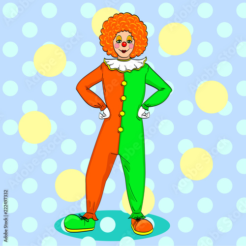 Pop art clown raster. Theater, circus, a woman in a jester costume. Vintage Background photo