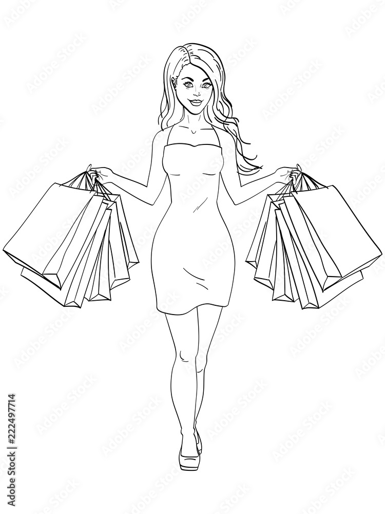Girl with shopping. I bought a lot of clothes. Gift bags fashion. Object coloring book raster illustration