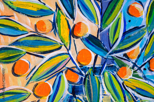 Details of acrylic paintings showing colour, textures and techniques. Expressionistic leaves and orange berries.