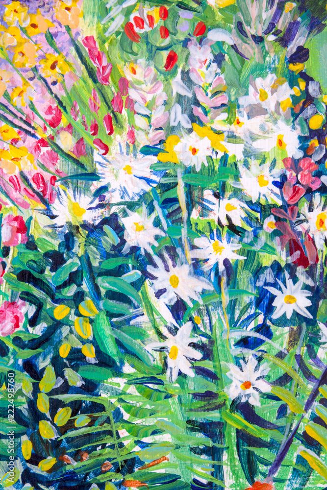 Obraz Szczegóły akrylowych obrazów przedstawiających kolor, faktury i techniki. Lato domek ogrodowy kwiat granicy.
