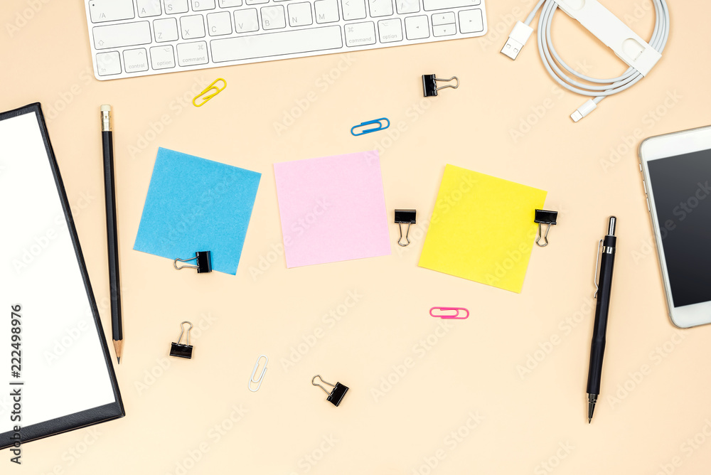 Worksheet with office desk with a lot of things on it. Top view with copy space. Worksheet with office desk with a lot of things on it. Top view with copy space.
