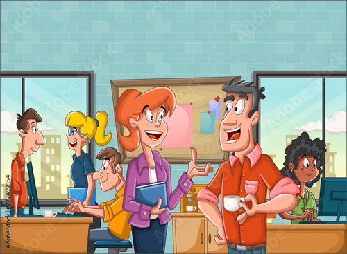 Business people in office workspace with desks. 