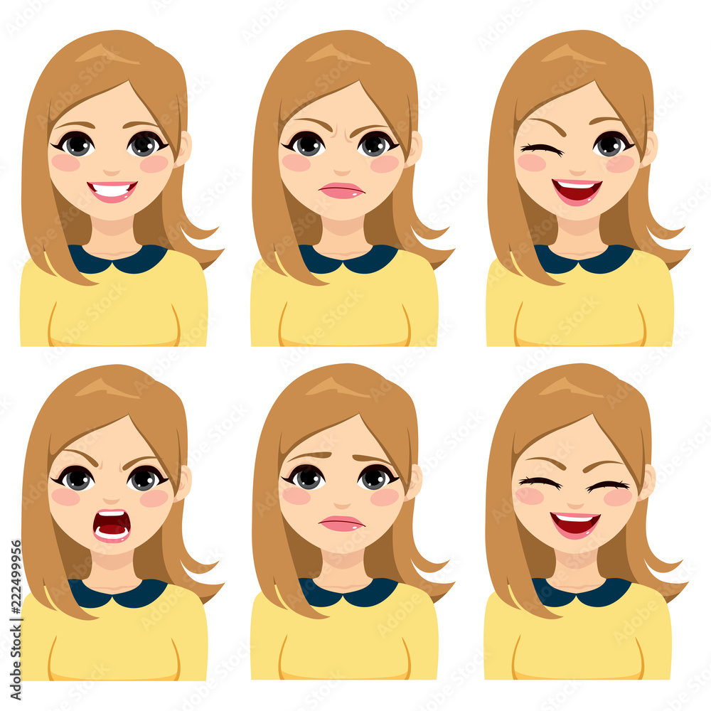 Attractive young long hair blonde woman on six different face expressions set Attractive young long hair blonde woman on six different face expressions set