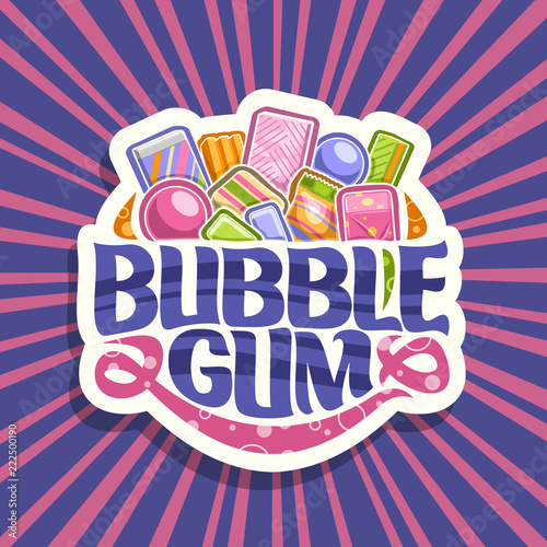Vector logo for Bubble Gum, white sign with pile of colorful chewing bubblegums and fruit gummy candies, original brush typeface for words bubble gum, vivid illustration of variety kid sweets.