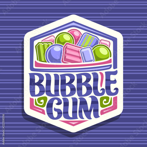 Vector logo for Bubble Gum, white sign with heap of colorful chewing bubblegums and fruit gummy candies, original brush typeface for words bubble gum, vibrant illustration of different kid sweets.