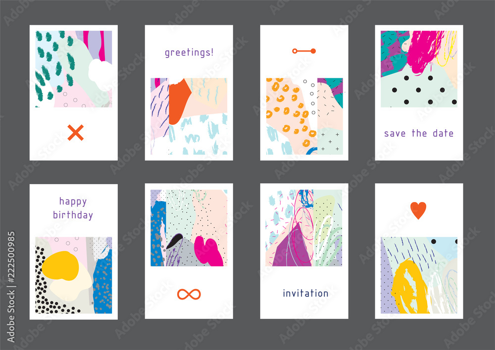 Set of creative universal artistic cards. Designs for prints, wedding, anniversary, birthday, Valentine's day, party invitations, posters, cards, etc. Vector. Isolated.