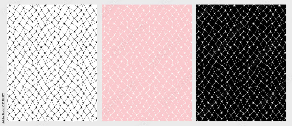 Hand Drawn Lace Mesh Vector Pattern Set. Infantile style Design. Delicate Drawing. White, Pink and Black Background. 