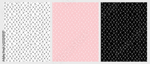 Hand Drawn Lace Mesh Vector Pattern Set. Infantile style Design. Delicate Drawing. White, Pink and Black Background. 