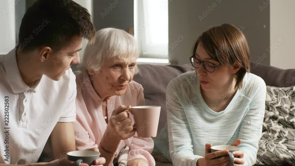 Medium shot of senior woman and two grandchildren or volunteers sitting on sofa in living room and having relaxed conversation over cup of tea Medium shot of senior woman and two grandchildren or volunteers sitting on sofa in living room and having relaxed conversation over cup of tea