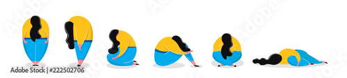 Depressed girl in different poses sad woman standing sitting lying