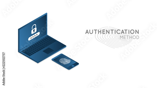 authentication fingerprint  smartphone and computer concept, isometric design