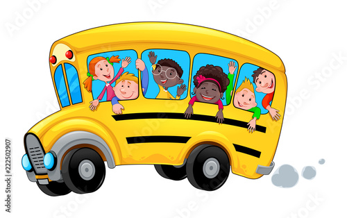 Cartoon school bus with happy child students