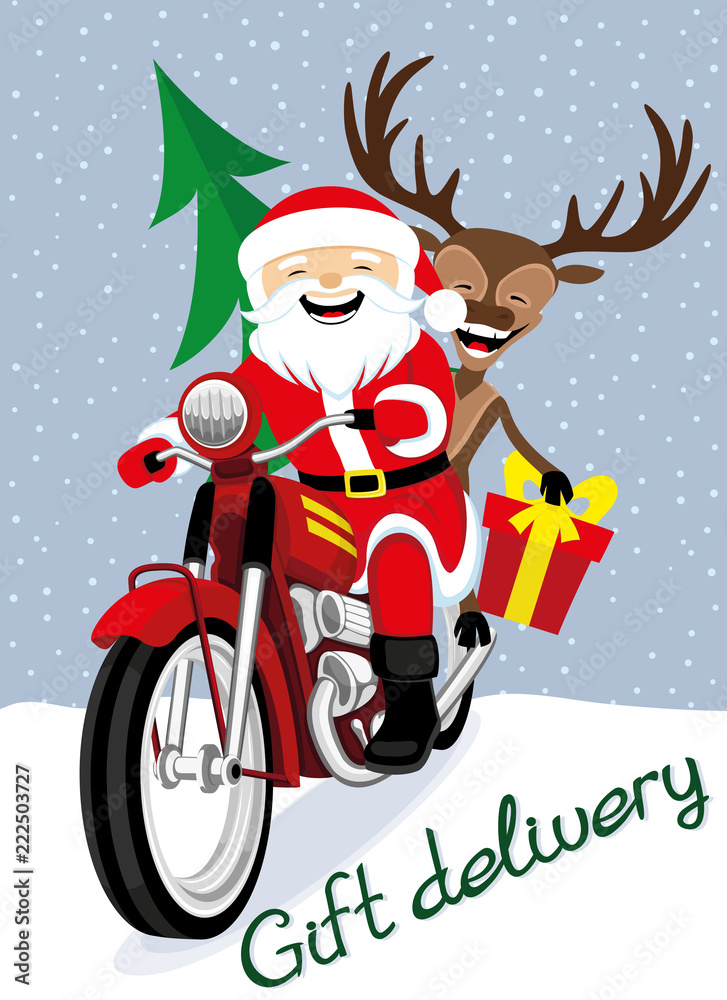 Cheerful Santa Claus and reindeer on a red retro motorcycle. Cheerful Santa Claus and reindeer on a red retro motorcycle.
