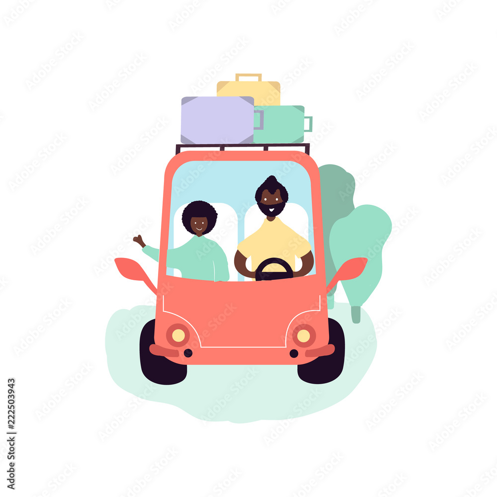 Single black father and son african americans going on trip camping on car Single black father and son african americans going on trip camping on car