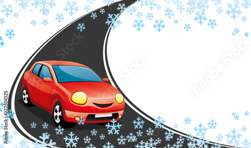 Red car on a winter road.