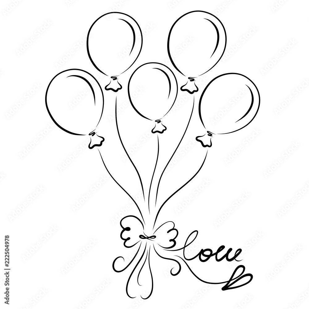Five balloons with a bow, the word LOVE and heart