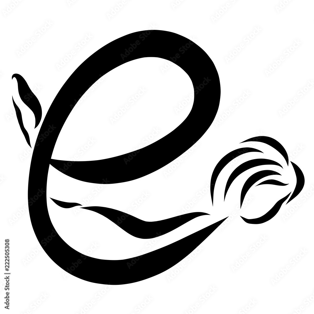 Creative letter E, flexible woman, black lines Creative letter E, flexible woman, black lines