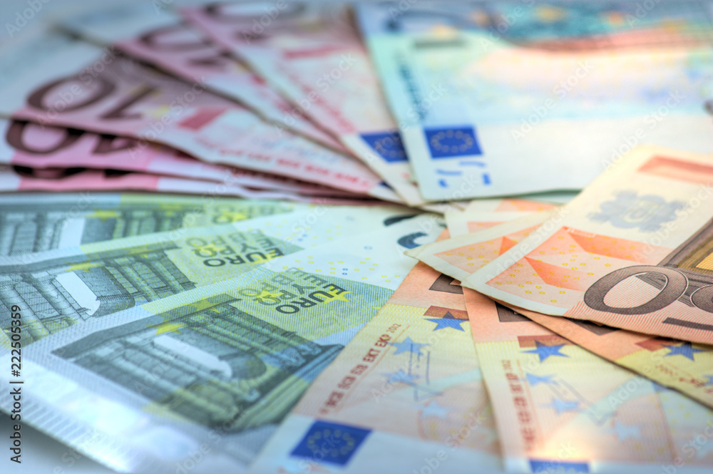 Close-up of all Euro banknotes in circulation in the EU