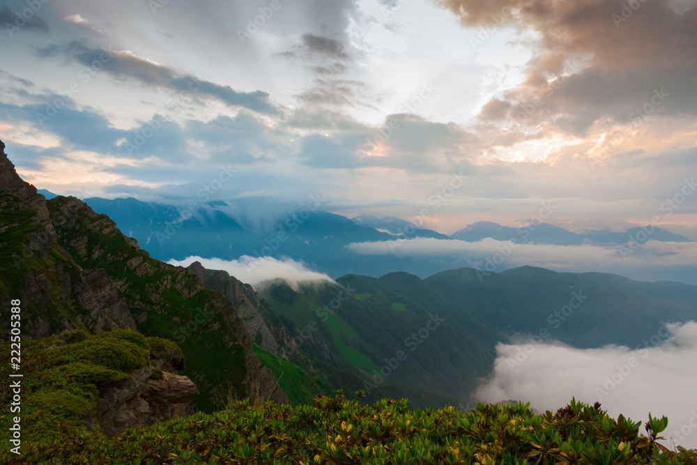 Obraz premium Mountain summer. Sunset. Rocky landscape