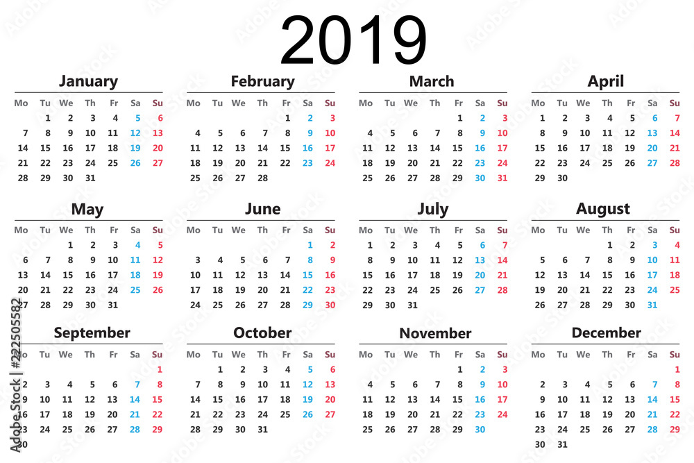Calendar 2019. Vector illustration. Calendar 2019. Vector illustration.