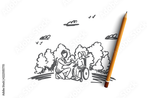 Invalid, disabled, help, medicine, hospital concept. Hand drawn isolated vector.