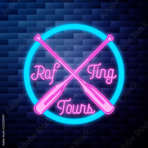Vintage rafting emblem glowing neon sign