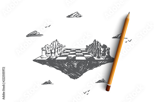 Business strategy, chess, tactics, competition, confrontation concept. Hand drawn isolated vector.