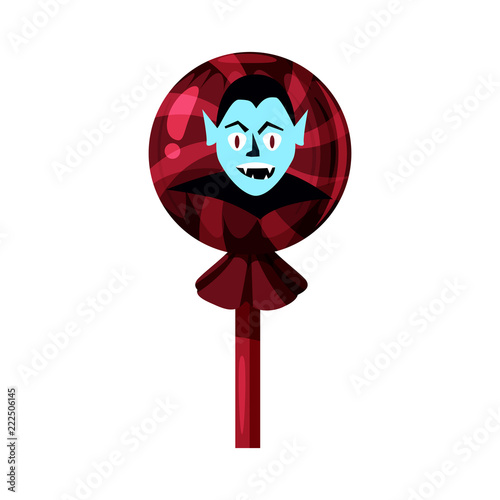 Colored sweets Vampire character, lollipop, hard candy, caramel Halloween feast. Red color with elements of the holiday Halloween. Vector, isolated, cartoon style