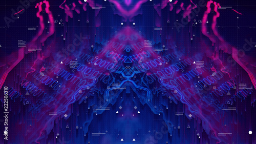 Glitched Holographic Digital Technology Background. Distorted glitch style modern Design. Abstract Pixel Noise. Psychodelic Symmetry Tron Neon. Blue and Purple, Magenta, Violet.