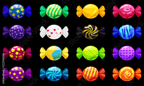 A set of colored candies, lollipop, caramel, various bright colors. Sweets, vector, isolated, cartoon style