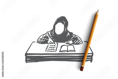 Education, school, learning, muslim, arab, child concept. Hand drawn isolated vector.