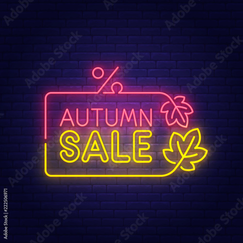 Autumn Sale neon sign, bright signboard, light banner. Autumn Discounts logo, emblem. Vector illustration