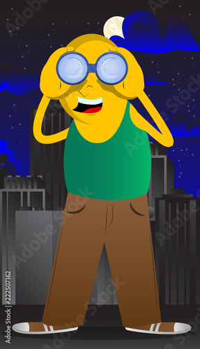Yellow man looking through binoculars. Vector cartoon illustration.