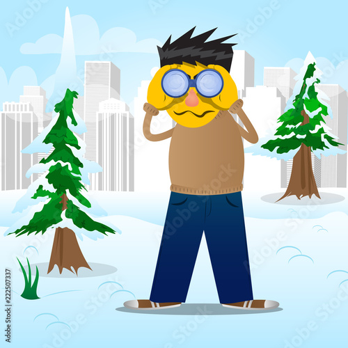 Yellow man looking through binoculars. Vector cartoon illustration.