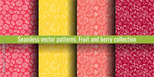 Seamless pattern set. Juicy fruit and berry collection. Banana, raspberry, cherry, watermelon. Hand drawn color vector sketch background. Colorful doodle wallpaper. Summer print